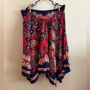 NWOT Denim 24/7 Handkerchief Hem skirt
Red, Navy, and Gold size 26W